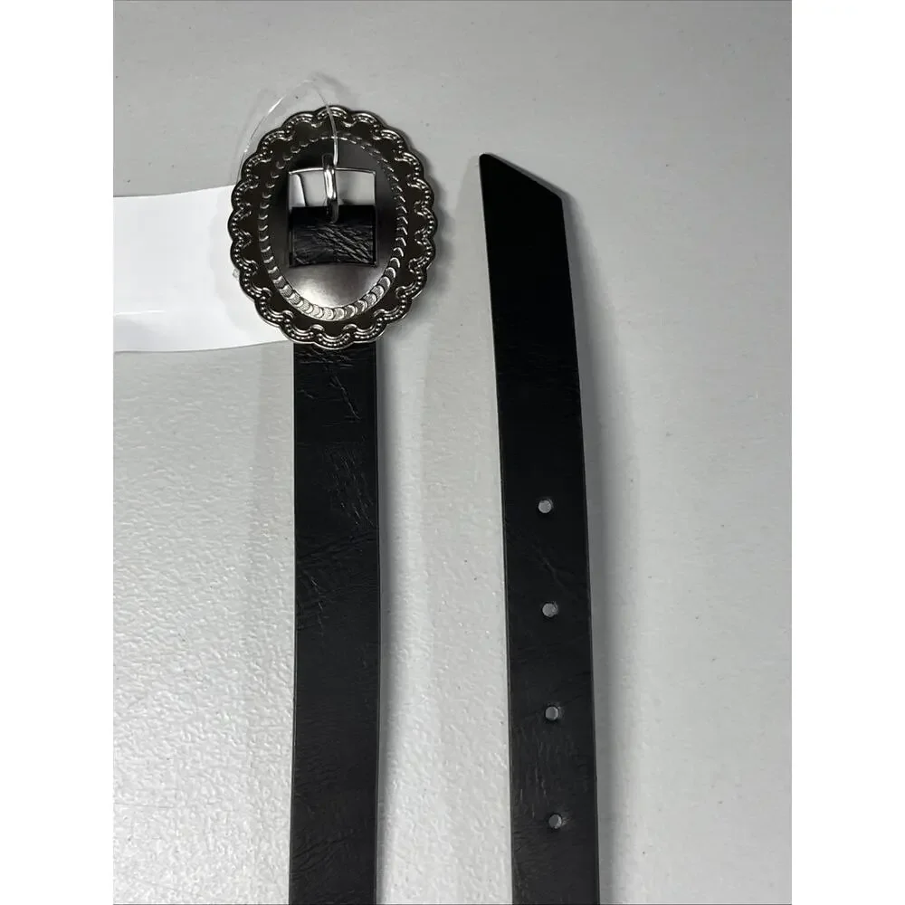 Linea Pelle Concho Buckle Belt Womens Medium Black Faux Leather Western Etched